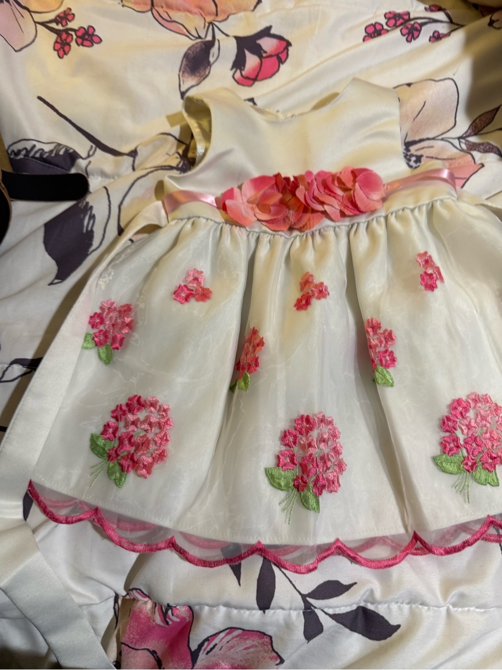 American Princess Ivory Floral Appliqué Dress with Pink Accents